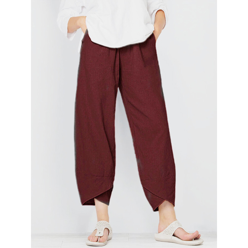 Women's Pants Capris Women Cotton Linen Pants Loose Comfort Elastic Waist Harem Pants Vintage Solid Casual Pockets Wide Leg Trousers Cropped Pant