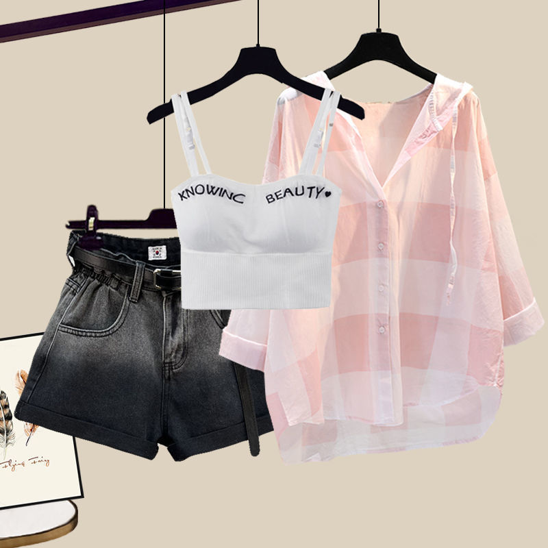 Women's Two Piece Pants Fashion Tie-dyed Shorts Sunscreen Plaid Shirt Pink Bra Three-piece Elegant Women's Pants Set Summer Outfits Tracksui