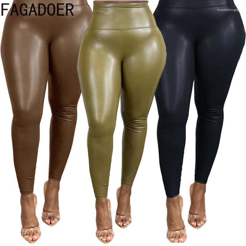 

Women' Pants FAGADOER Fashion PU Leather Skinny Women Solid Slim Pencil Casual High Waisted Bottoms Clothing Female Streetwear, Khaki