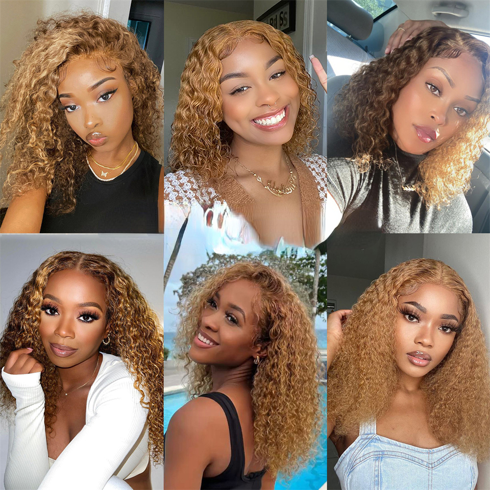 Free shipping Brazilian Honey Deep Front 13X4 HD Lace Frontal Wigs Brown Blonde Highlight Curly Short Bob Synthetic Wig for Black Women