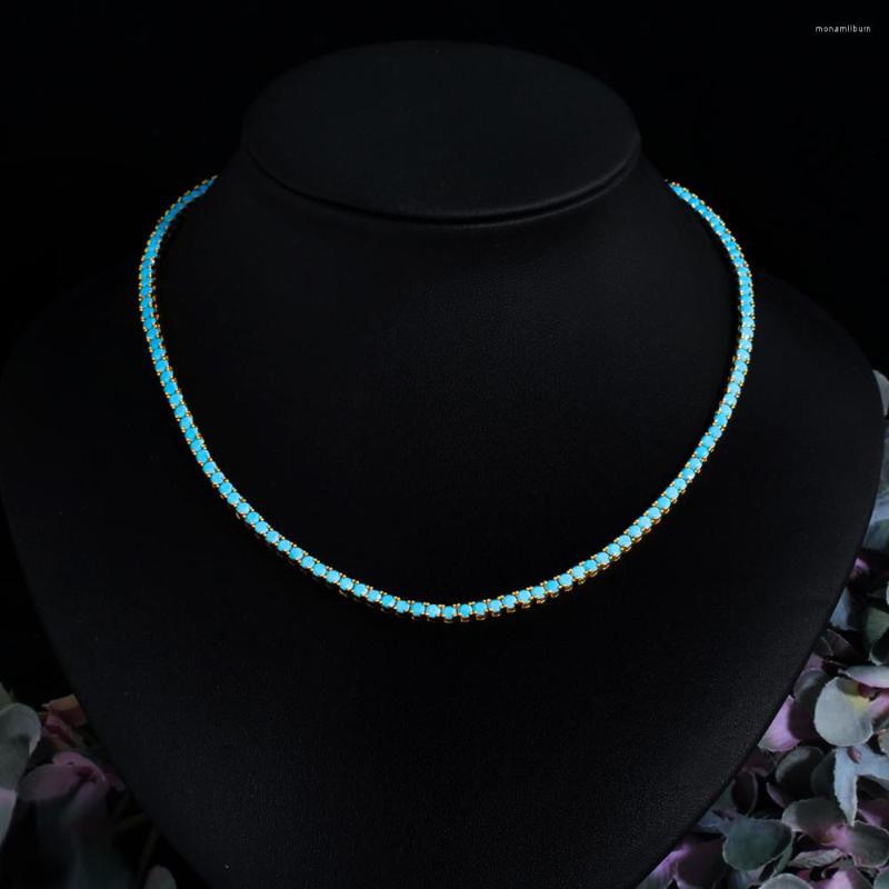 Chains BeaQueen Thin Tennis Choker Turquoises CZ Necklace With Safety Clasp Gold Plated Engagement Jewelry For Women Party N034