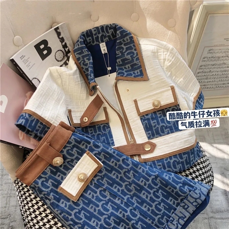 Women's Two Piece Pants High Quality Vintage Classic Short Suit Women Summer Short Sleeve Zipper Tops High Waist Shorts Two Piece Set Streetwear 