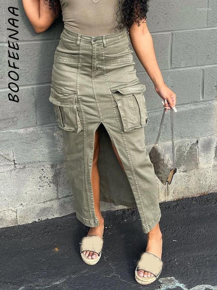 Skirts BOOFEENAA Green Cargo Maxi For Woman Streetwear Fashion High Waist Split Long Skirt With Pocket Y2k Style C82-GA52
Skirts BOOFEENAA Green Cargo Maxi For Woman Streetwear Fashion High Waist Split Long Skirt With Pocket Y2k Style C82-GA52