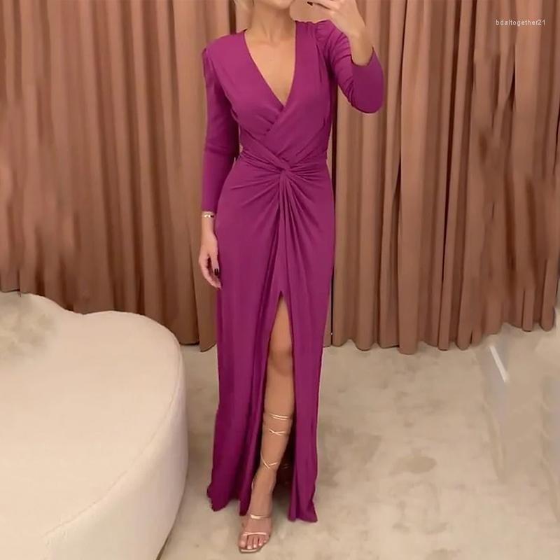 

Casual Dresses LIYONG Women Maxi Dress Fashion Solid V Neck Slit Long Sleeve Pleated Nipped Waist Slim Evening Party Sexy, Pink