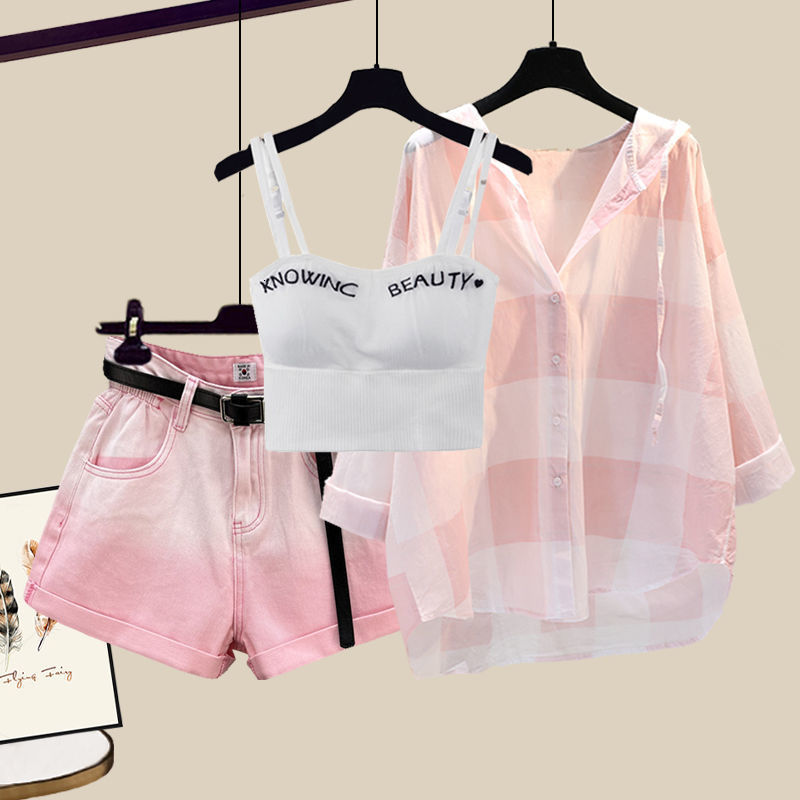 Women's Two Piece Pants Fashion Tie-dyed Shorts Sunscreen Plaid Shirt Pink Bra Three-piece Elegant Women's Pants Set Summer Outfits Tracksui