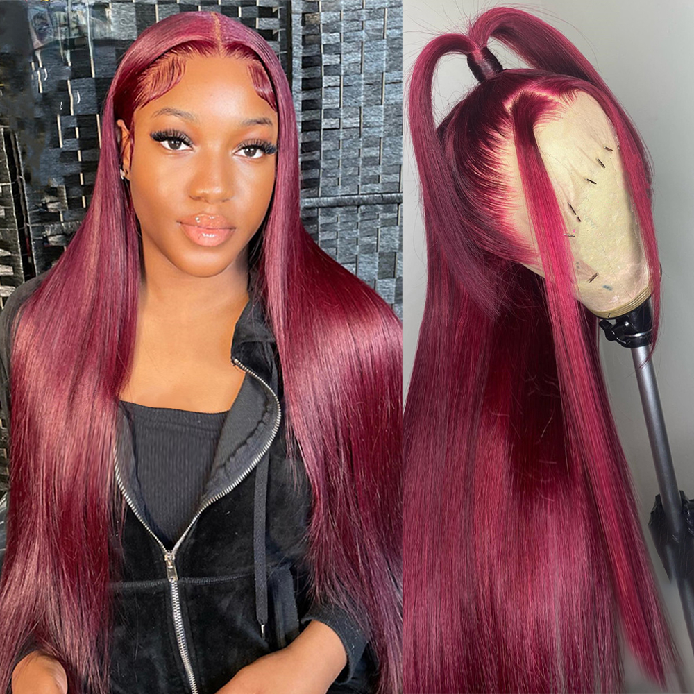 Free shipping Bury Straight Front Human Hair 13x4 Frontal Wig Wine Red Transparent Lace Synthetic Wigs for Women Preplucked