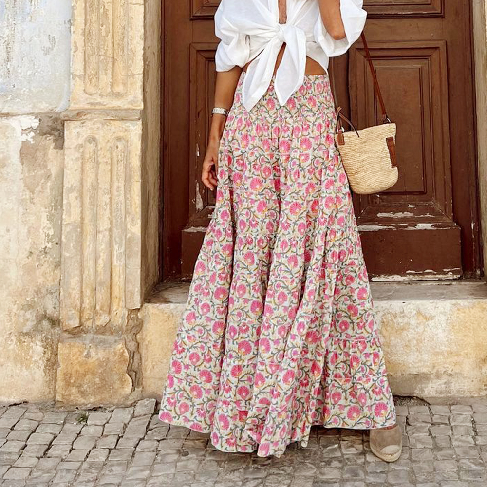 Skirts Elastic High Waist Long ALine Skirt Floral Women Casual Beach Party Faldas Female Boho Holiday Maxi 230607