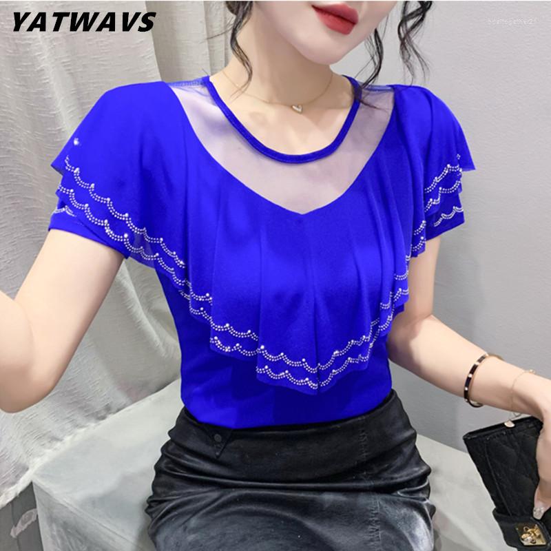 

Women's T Shirts Summer Women Clothes Tops Chic Elegant T-Shirt Sexy Luxury Shiny Diamonds Splicing Ruffles Hollow Out Mesh Tees Femme, Picture color