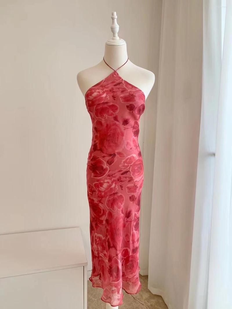 Casual Dresses Women Halter Neck Strapless Floral Print Sleeveless Silk 2023 Summer Midi Dress