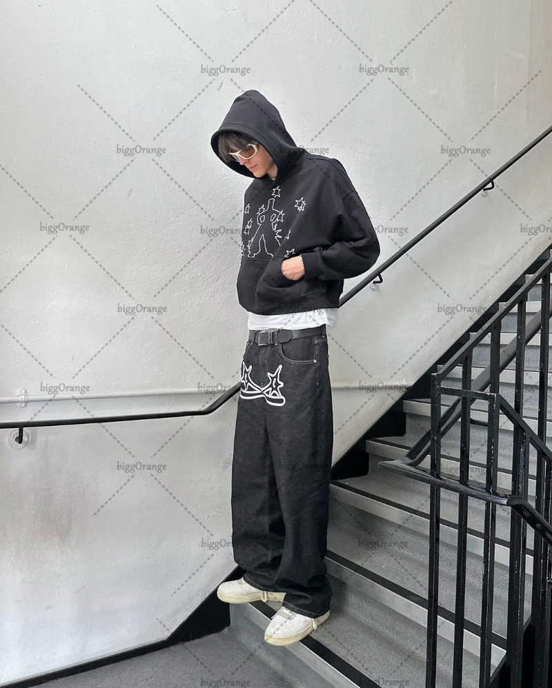 Mens Jeans Street Trend Fashion Gothic Letter Print High Waist Y2K Harajuku Loose Button Wide Leg Pants Womens 230606