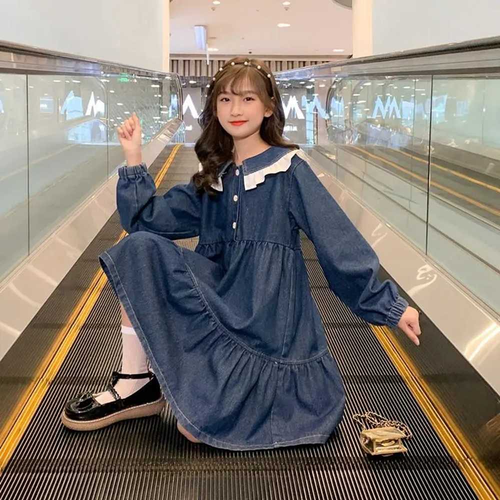 Girl's Dresses 6-15 Girls Long Sleeve Dress Children Blue Soft Denim Casual Style Kids Full for Grils10 13 R230607