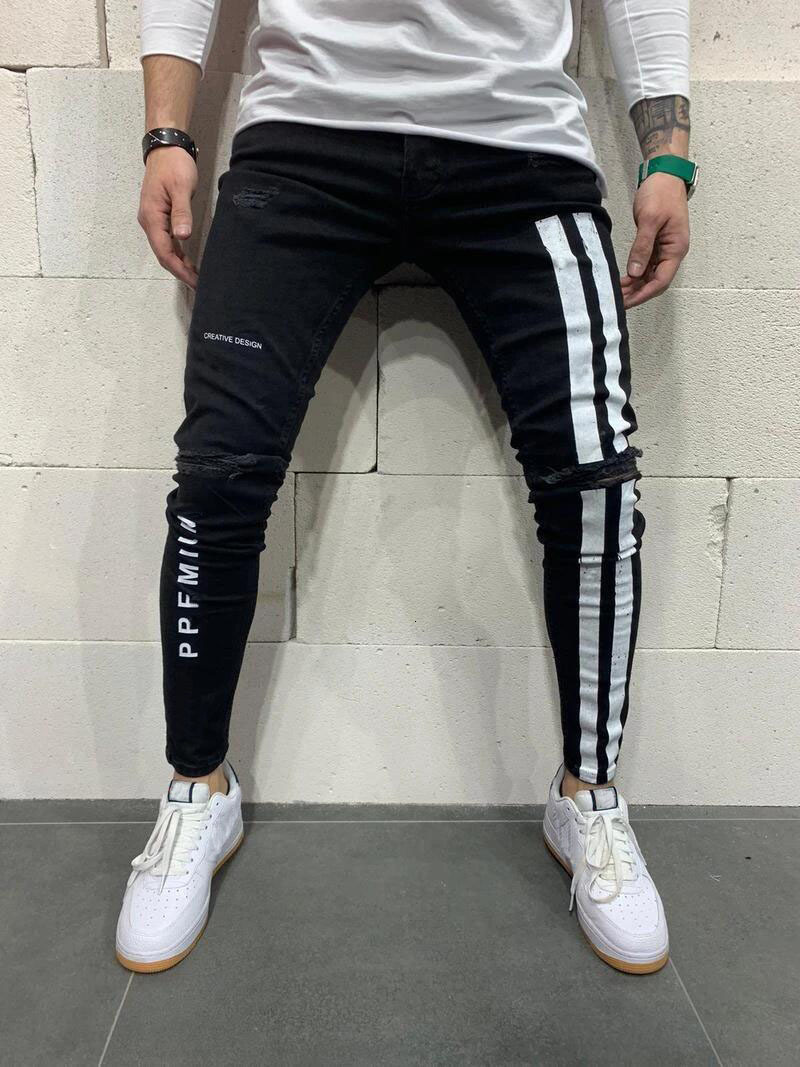 Mens Jeans Black And Blue Colors est Spring Ripped Stretch Skinny Fashion Printed Pantalon Ropa For Men 230606