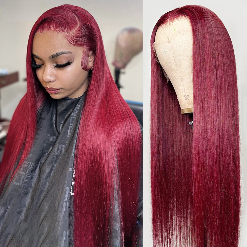 Free shipping Bury Straight Front Human Hair 13x4 Frontal Wig Wine Red Transparent Lace Synthetic Wigs for Women Preplucked