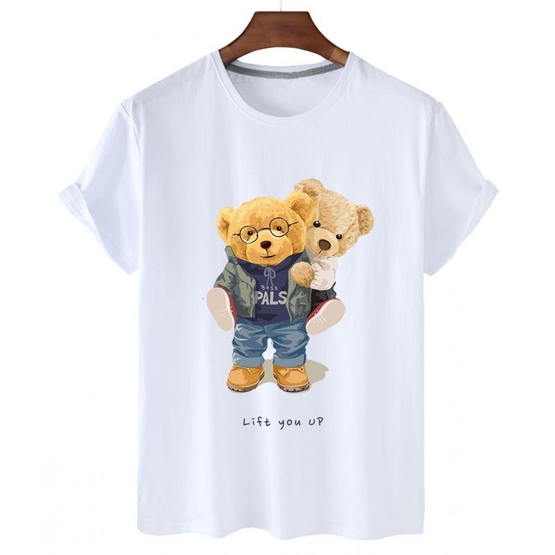 Men's T-Shirts 100% Cotton Sweet Bear Print Short-sleeved T-shirt Female Half-sleeved Summer Casual Couple Oversized T-shirt Ladies Shirt S-4xl 2