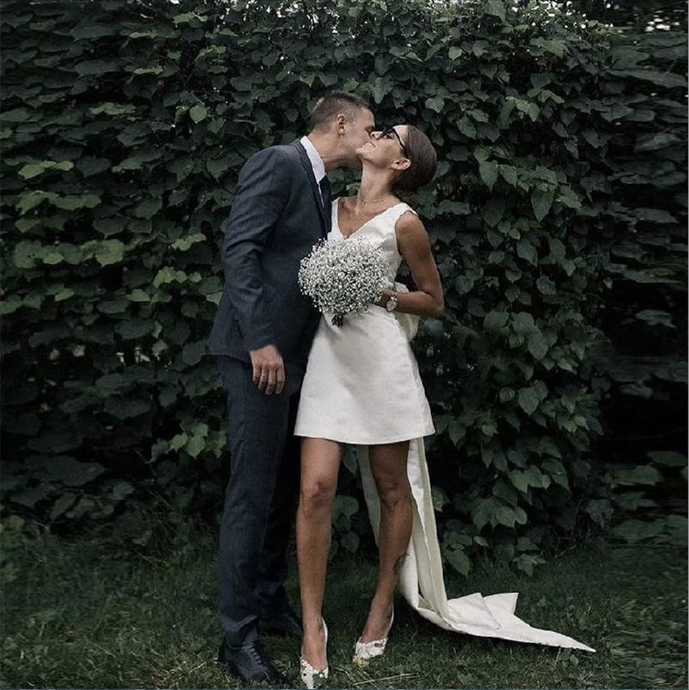 Simple Satin Little White Mini Wedding With Detachable Train Big Bow Boho Garden Beach Bridal Dresses V Neck A Line Brides Second Rec