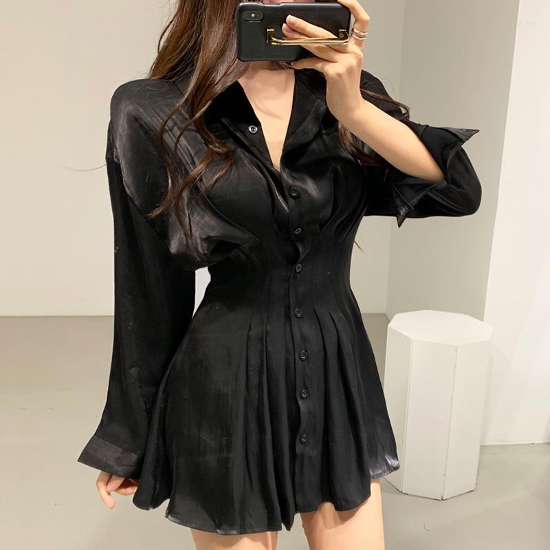 Casual Dresses Elegant Y2k Black White Glossy Waist Back Bandage Lapel Single Breasted Long-sleeved Pink Shirt Dress Women Mini Pleated