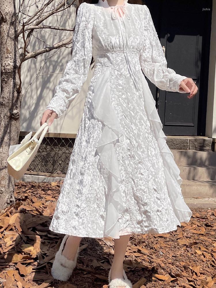 Casual Dresses Sweet Mori Girl Elegant Fairy White Temperament Women Dress Spring V-Neck Bandage Long Sleeve Princess Preppy Style Mid