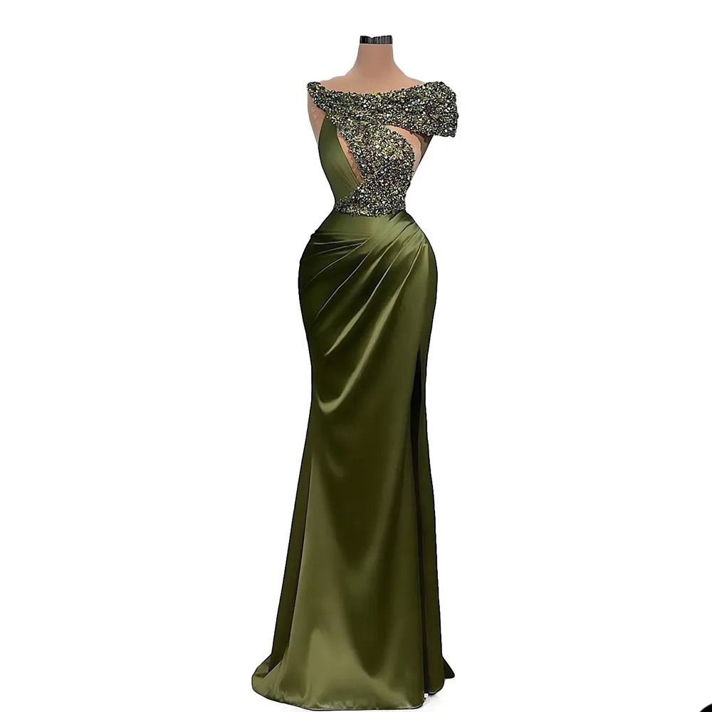 Evening Dress Gorgeous Olive Mermaid Satin Silk Prom Dresses Sequins Short Sleeve Crystal Pleats Women vestidos Custom