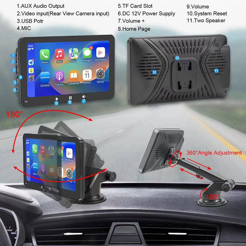 7 inch Car Portable Apple CarPlay Screen Multimedia Player Android Auto Monitor AirPlay Phone Mirror Link Display for Lorry Van MPV Bus SUV Taxi Truck