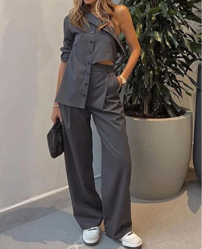 Women' Two Piece Pants Women Set Fashion Solid Color Button Lapel Shirt Irregular High Waist Top Loose Pockets Flare Sets Matching, Grey
Women' Two Piece Pants Women Set Fashion Solid Color Button Lapel Shirt Irregular High Waist Top Loose Pockets Flare Sets Matching, Grey