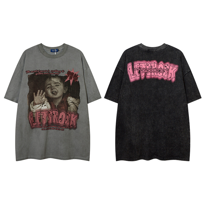 High street to do old washed short-sleeved T-shirt men's fashion brand loose dark print couple all half sleeve