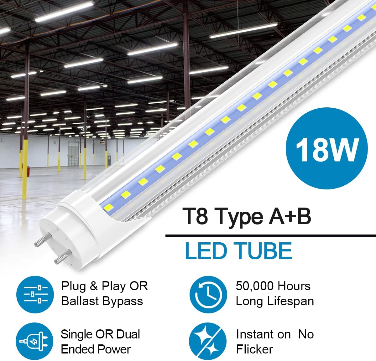 4ft LED Bulbs 4 Foot, Hybrid Type A+B Light Tube, 18W 6000K, cool white Plug & Play, Ballast Bypass, Single or Double-Ended, T8 T12 Fluorescent Light 