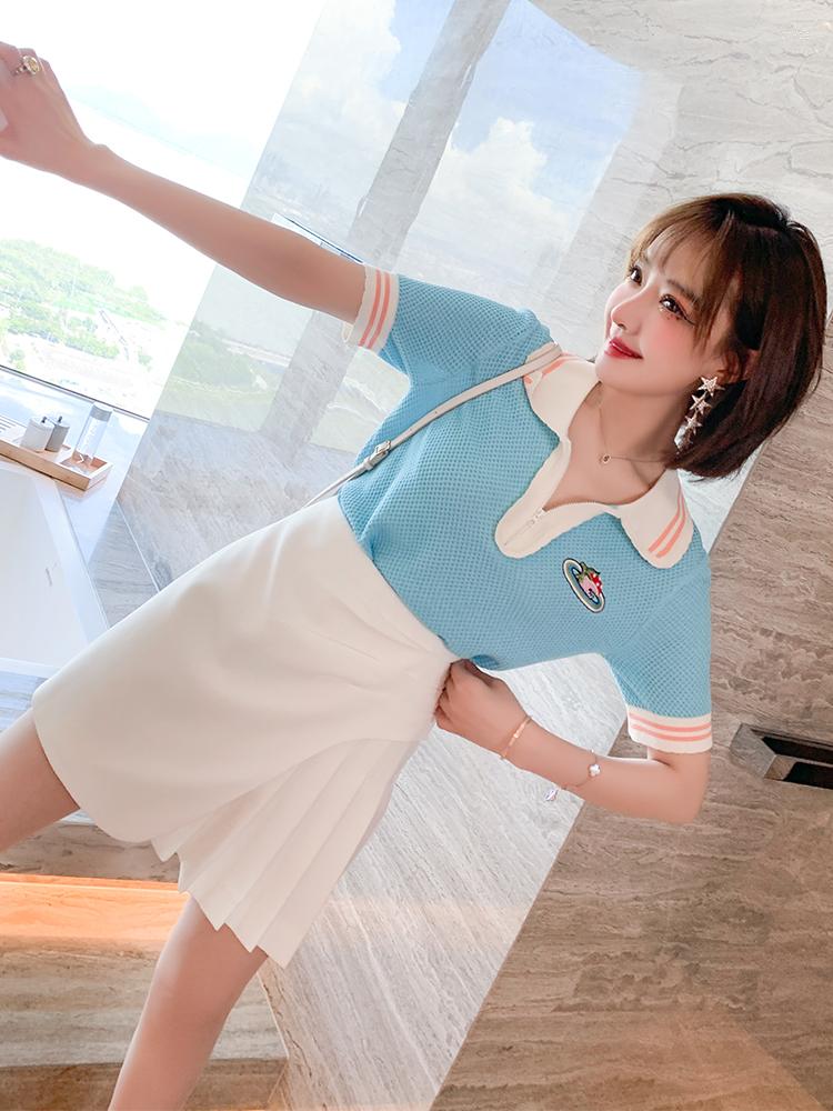 Work Dresses - Bump Color Polo Collar Zipper On Knitted T-shirt Pleated Skirt Suits The Female Summer, Blue
Work Dresses - Bump Color Polo Collar Zipper On Knitted T-shirt Pleated Skirt Suits The Female Summer, Blue