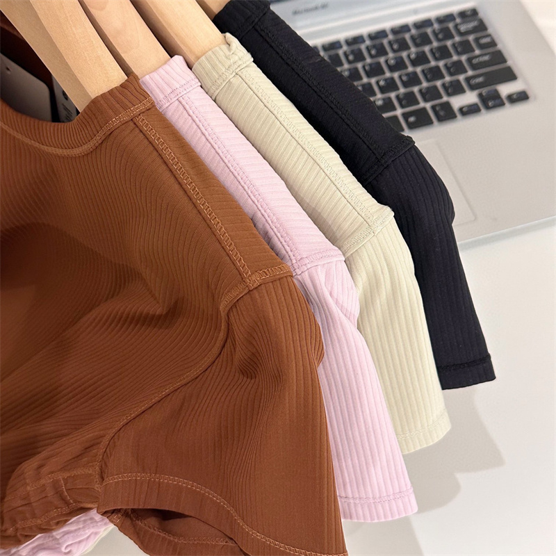 Womens yoga ribbed round neck short sleeved T-shirt summer top versatile elastic drawstring sports fitness solid color
