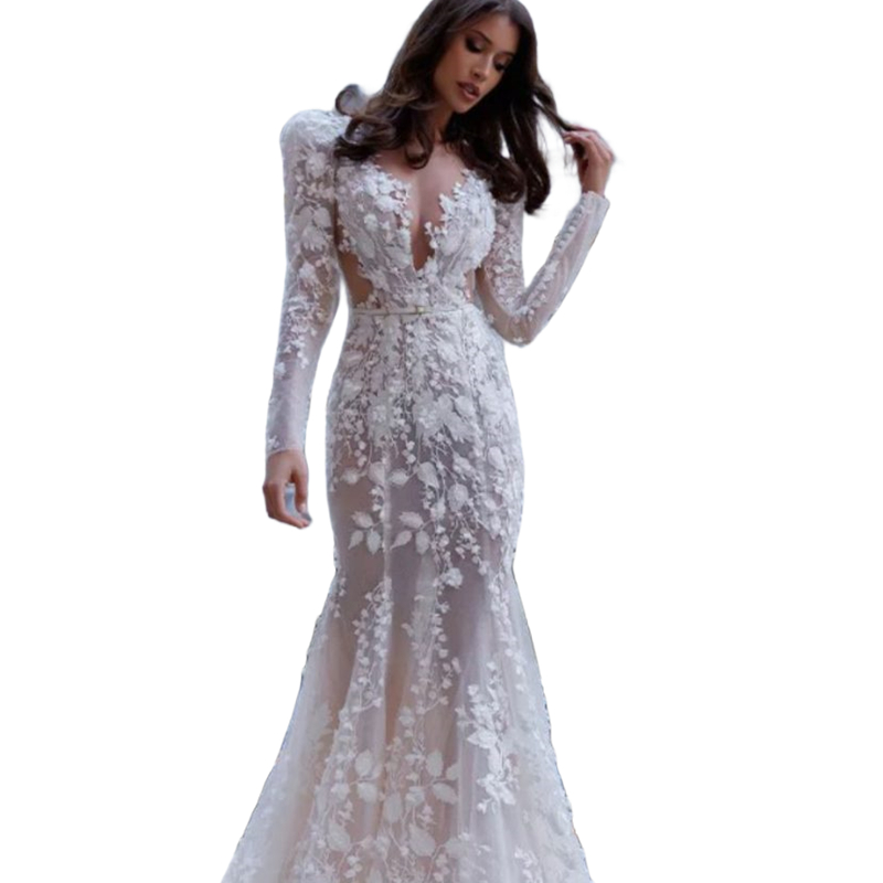 Boho Lace Mermaid Wedding Dresses Appliques Long Sleeves Bridal Gowns Sheer V-neck Beach Bridal Gowns Custom Made 2023