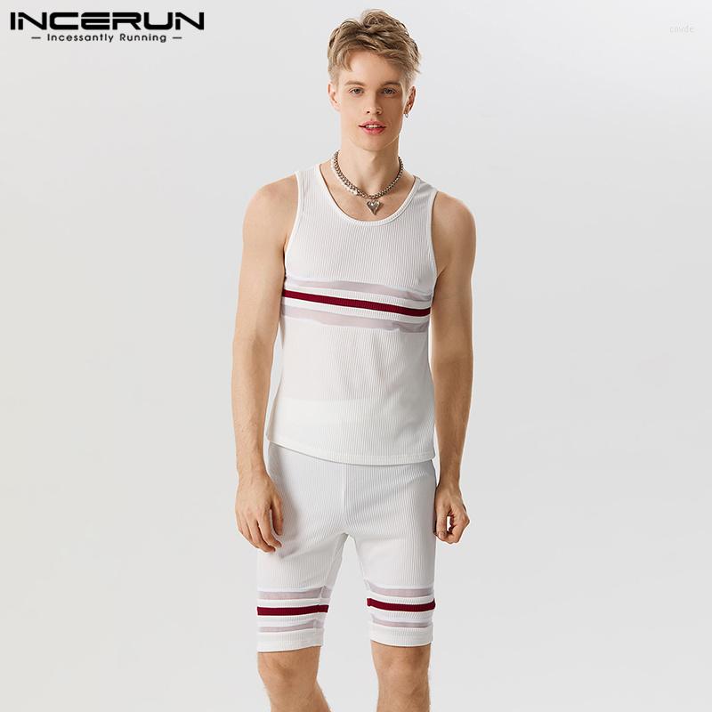 

Men' Tracksuits Handsome Well Fitting Men Sets INCERUN Sleeveless Tank Tops Short Stylish Male Spliced Stripe Two Piece -5XL 2023, White