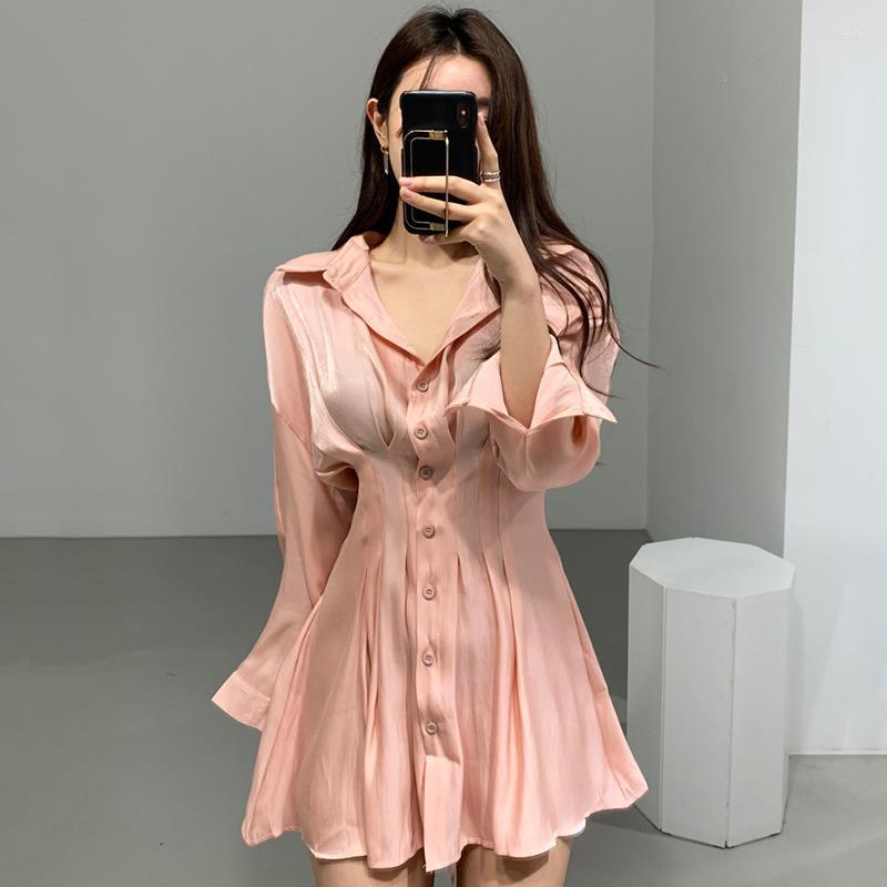 Casual Dresses Elegant Y2k Black White Glossy Waist Back Bandage Lapel Single Breasted Long-sleeved Pink Shirt Dress Women Mini Pleated