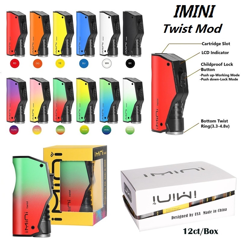 Original Imini Twist Mod Battery 500mAh with Childproof Switch Bottom Adjustable Voltage Battery for 510 Vape Cartridge Metal Plastic Version Manufacturer Supply
Original Imini Twist Mod Battery 500mAh with Childproof Switch Bottom Adjustable Voltage Battery for 510 Vape Cartridge Metal Plastic Version Manufacturer Supply