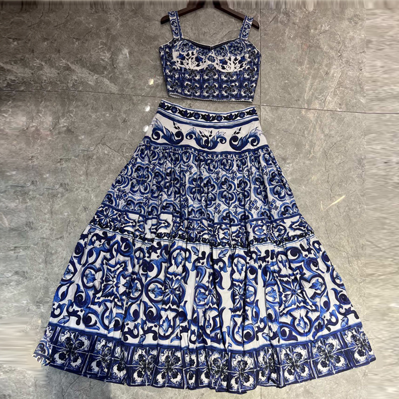 Two Piece Dress runway ner women two pieces set blue and white slimy tops short camisole maxi long skirt fashion outfit za 230607