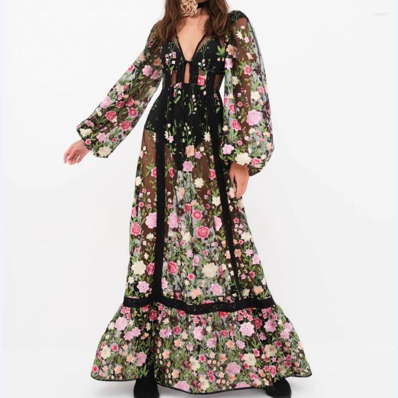 Casual Dresses Women s Sheer Mesh Floral Print Dress Long Sleeve V Neck Backless See Through Cover Ups Boho Summer Beach Up AAA Discount for in-store 
