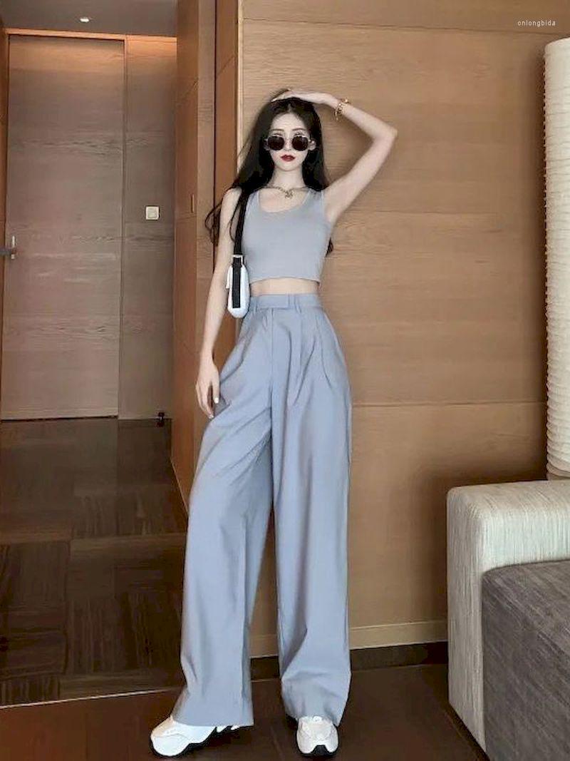 Women's Two Piece Pants Vitality Suit Female Girl Summer Dress 2023 Sweet And Spicy Wear Hong Kong Style High Waist Drape Wide Leg