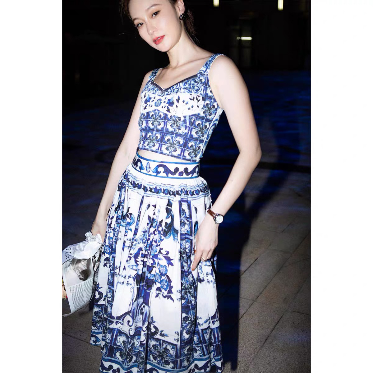 Two Piece Dress runway ner women two pieces set blue and white slimy tops short camisole maxi long skirt fashion outfit za 230607