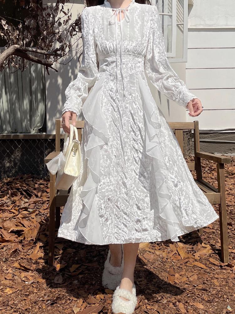 Casual Dresses Sweet Mori Girl Elegant Fairy White Temperament Women Dress Spring V-Neck Bandage Long Sleeve Princess Preppy Style Mid