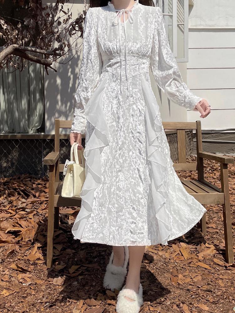 Casual Dresses Sweet Mori Girl Elegant Fairy White Temperament Women Dress Spring V-Neck Bandage Long Sleeve Princess Preppy Style Mid