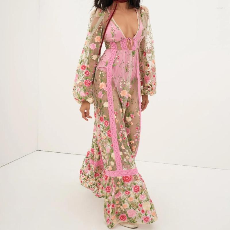 Casual Dresses Women s Sheer Mesh Floral Print Dress Long Sleeve V Neck Backless See Through Cover Ups Boho Summer Beach Up AAA Discount for in-store 