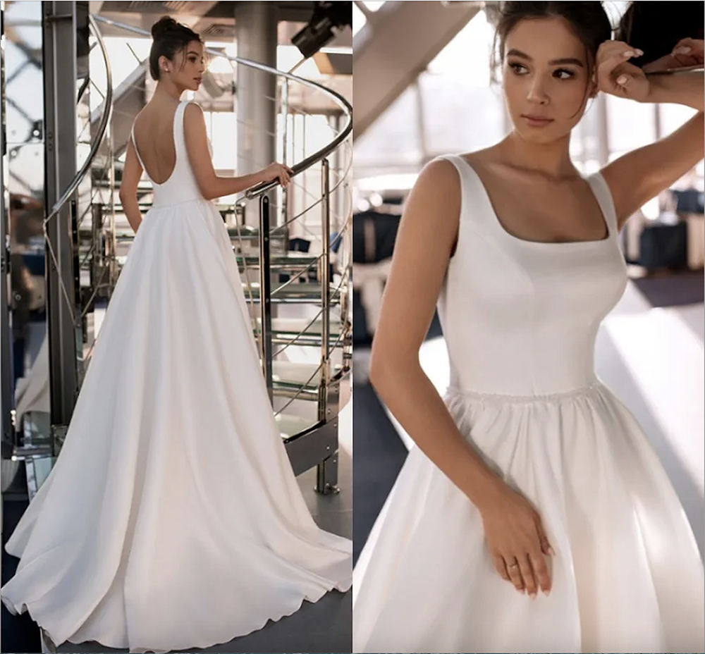 2023 Wedding Dress Vestido De Noiva Sexy Squre Neck Sleeveless Beading Belt Simple Backless Satin Bridal Gown Plus Size Mariage 0509