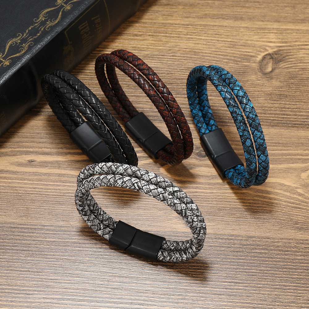 Double Layered Handmade Braided Vintage Leather Bracelet Bangle For Men Male Birthday Gift