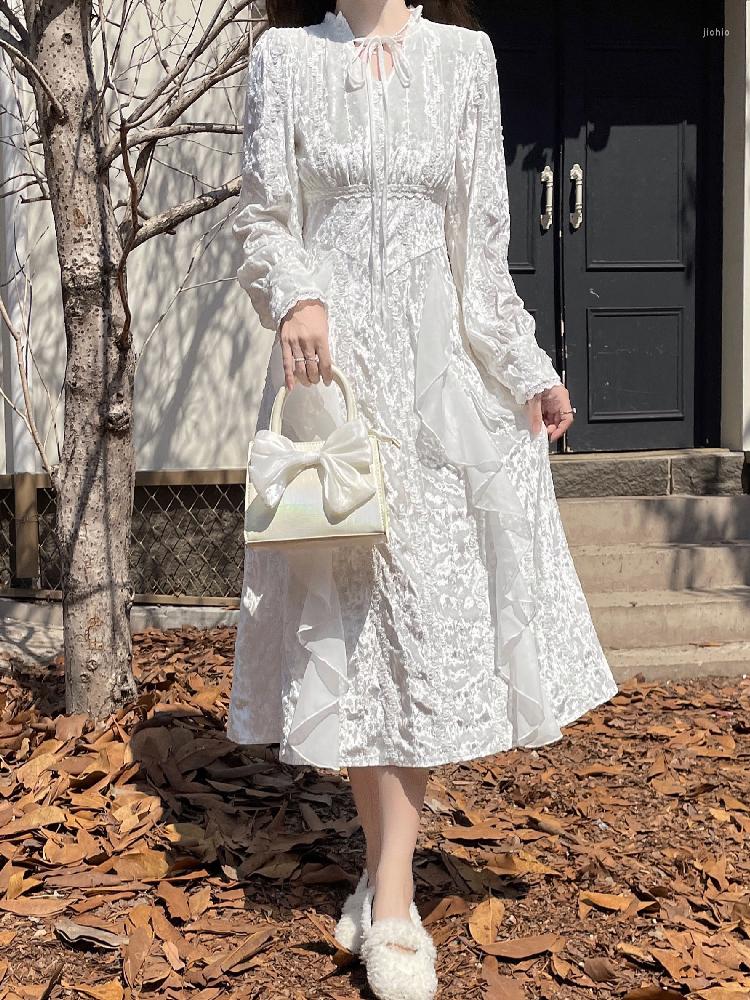 Casual Dresses Sweet Mori Girl Elegant Fairy White Temperament Women Dress Spring V-Neck Bandage Long Sleeve Princess Preppy Style Mid