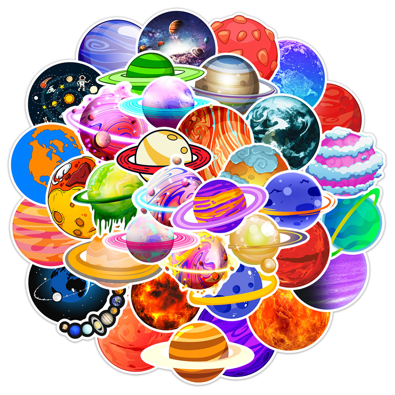 50Pcs Cartoon Space Universe Planet Sticker Color Planet Graffiti Stickers for DIY Luggage Laptop Skateboard Motorcycle Bicycle Stickers