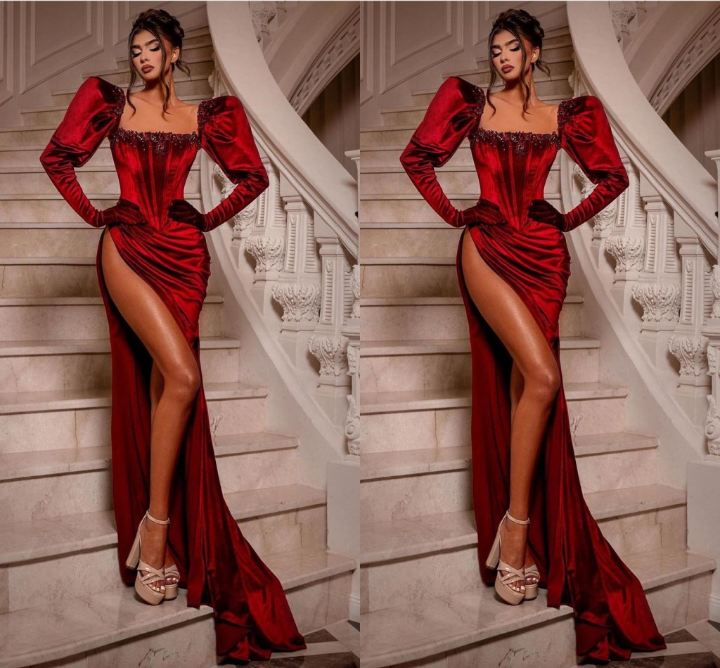 Sexy Red Mermaid Prom Dresses for Women Square Neck Long Sleeves Beads High Side Split Draped Party Dress Formal Birthday Pageant Celebrity Evening Go