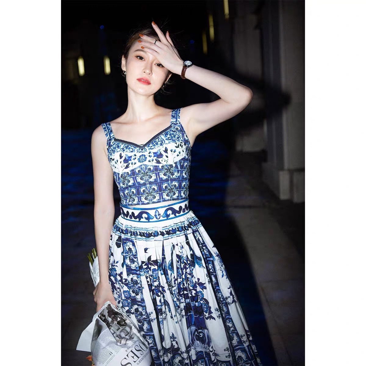 Two Piece Dress runway ner women two pieces set blue and white slimy tops short camisole maxi long skirt fashion outfit za 230607