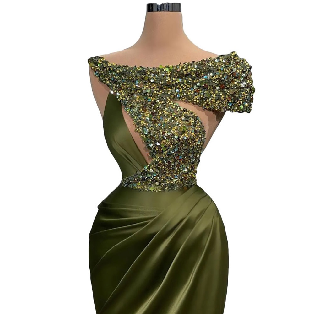 Evening Dress Gorgeous Olive Mermaid Satin Silk Prom Dresses Sequins Short Sleeve Crystal Pleats Women vestidos Custom
