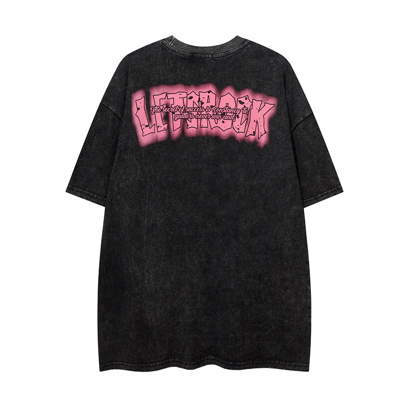 High street to do old washed short-sleeved T-shirt men's fashion brand loose dark print couple all half sleeve