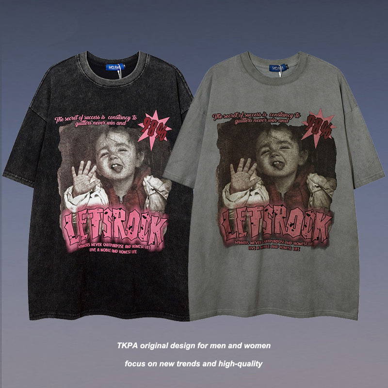 High street to do old washed short-sleeved T-shirt men's fashion brand loose dark print couple all half sleeve