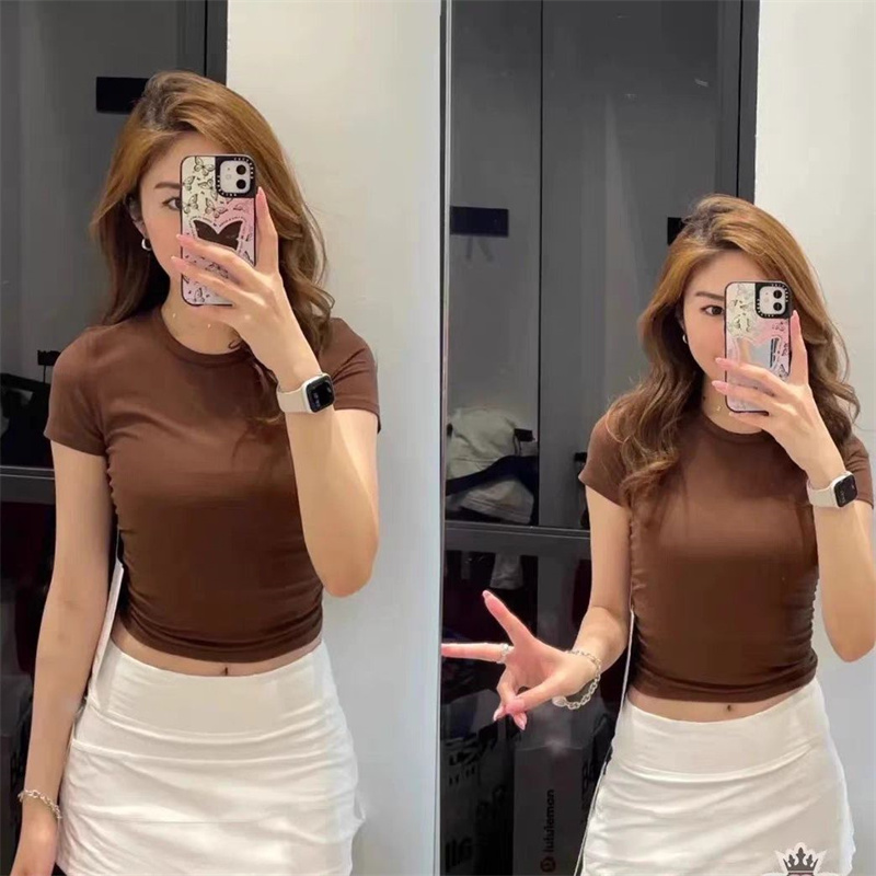 Womens yoga ribbed round neck short sleeved T-shirt summer top versatile elastic drawstring sports fitness solid color