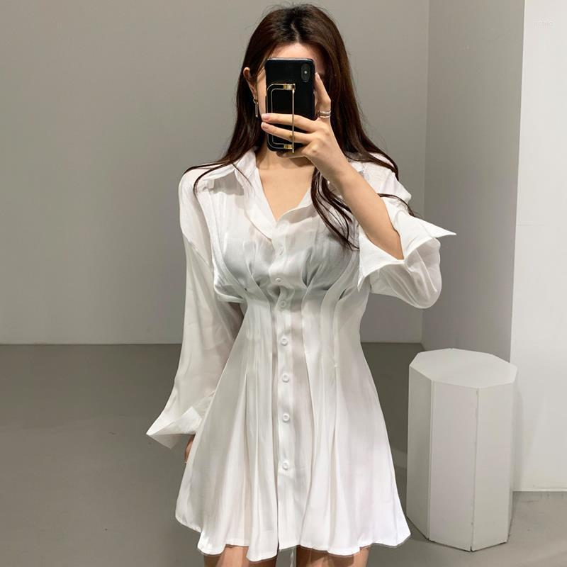 Casual Dresses Elegant Y2k Black White Glossy Waist Back Bandage Lapel Single Breasted Long-sleeved Pink Shirt Dress Women Mini Pleated